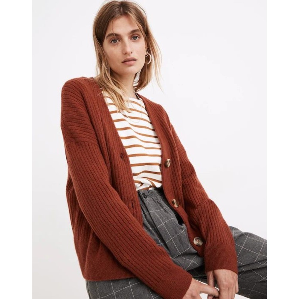 Madewell Cardigan Cameron Ribbed Sweater L Rust Alpaca Wool Blend V-Neck Cozy
